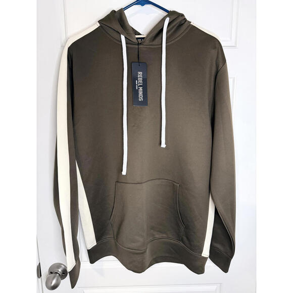 Brown Hoodie with Cream Shoulder Stripes and White Drawstrings - Picture 3 of 3